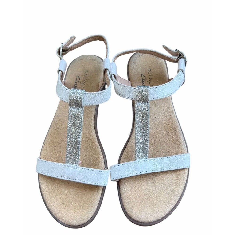 Clarks Womens White Silver Glitter Rosa Sandly Damskie Leather Casual  Sandals